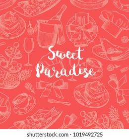 Vector banner and poster hand drawn restaurant or room service elements background with place for text illustration