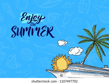 Vector banner and poster hand drawn summer travel elements background with place for text illustration