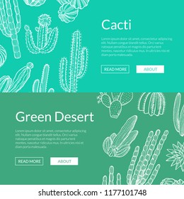 Vector banner and poster hand drawn greeen wild cacti plants web banner templates illustration