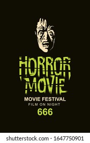 Vector banner or poster for horror movie festival with the face of a creepy zombie on a black background. Scary cinema. Horror film night. Suitable for tickets, flyer, banner, web design