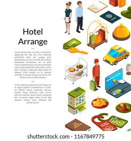 Vector banner and poster isometric hotel icons background with place for text illustration