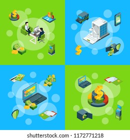Vector banner and poster isometric money flow in bank icons infographic concept set illustration