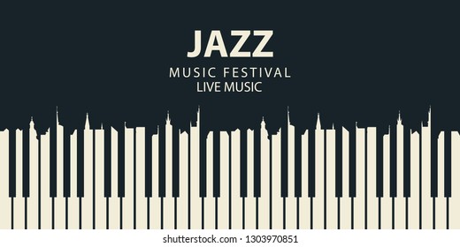 Vector banner or poster for a jazz festival of live music with piano keys in retro style on black background. White keys in the form of silhouettes of roofs of old houses