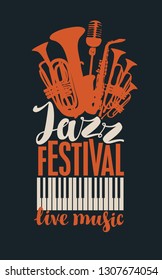 Vector banner or poster for a jazz festival of live music in retro style on black background with piano keys, wind instruments, saxophone, microphone and inscriptions