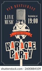 Vector banner or poster of karaoke party for cafe or restaurant with live retro music, with realistic microphone on dark background in vintage style. With inscription and place for text