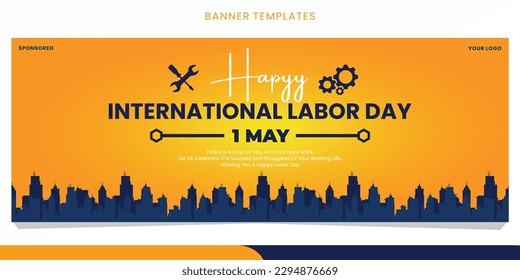 vector banner, poster of Labor Day On 1st May hand lettring with tools and building silhouette. Eps10.