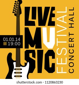 Vector banner or poster for live music festival with acoustic guitar in retro style on black and yellow colors