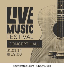 Vector banner or poster for live music festival with guitar in retro style