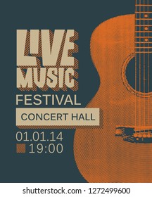 Vector banner or poster for live music festival with guitar in retro style on the dark background