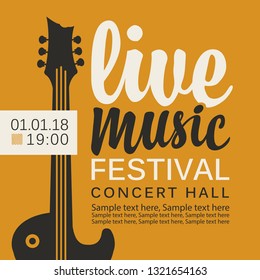 Vector banner or poster for live music festival with guitar, calligraphic inscription and place for text in retro style on the yellow background