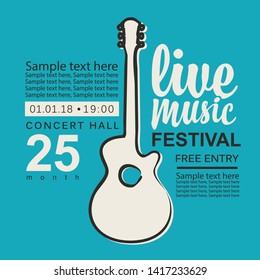 Vector banner or poster for live music festival with guitar, calligraphic inscription and place for text in retro style on the blue background