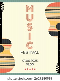 Banner ou poster vetorial em estilo retro para festival de música, violão, festival, música, concerto, estilo retro, estilo dos anos 70; retro; poster; banner, poster, anúncio, folheto