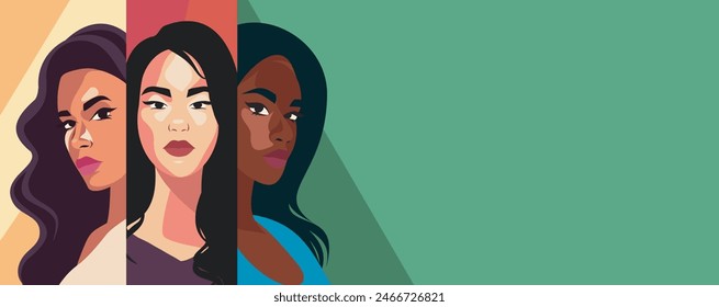 Vector banner poster with space for text, beautiful vibrant women from different cultures stand side by side. Feminism concept, gender equality, protection of rights and freedoms, women's rights