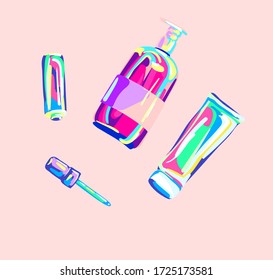  Vector banner or poster for the theme cosmetics, skin care and beauty routine. In a bright popart style, the image of the set of bottles and jars.
