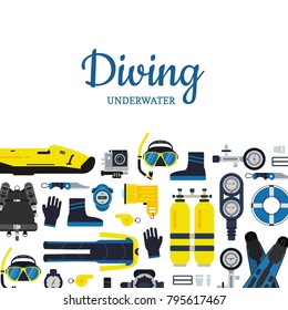 Vector banner and poster underwater diving equipment illustration in flat style