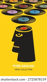Un Anuncio de Vector o cartel para una tienda de vinilo con una cabeza humana decorativa con un cerebro de vinilo. Estilo retro. Adecuado para uso creativo, publicidad, logotipos o diseños de camisetas.