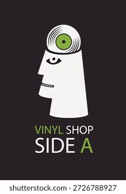 Un Anuncio de Vector o cartel para una tienda de vinilo con una cabeza humana decorativa con un cerebro de vinilo. Estilo retro. Adecuado para uso creativo, publicidad, logotipos o diseños de camisetas.