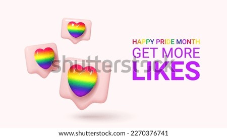 Vector banner for Pride month. 3d icons of notifications for social media with rainbow hearts for design of LGBTQ events. Pride day vector illustration. Human rights and tolerance concept.