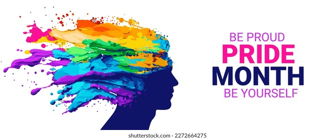 Cartel vector del mes del Orgullo. Ilustración vectorial colorida con silueta de cabeza de hombre con salpicadura de líquido en la cabeza. Pancarta LGBTQ. Concepto de derechos humanos, libertad y tolerancia. Afiche LGBT.