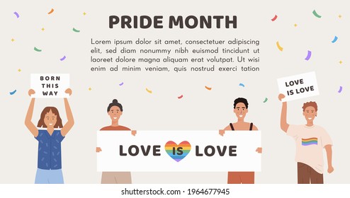 Vector Banner for Pride Month. People holding placard with rainbow heart and different slogan, signs and symbols at pride parade celebration. Group of Gay, lesbian, Transgender. Flat Illustration.