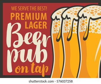 vector banner for pub with glass of beer on tap in retro style