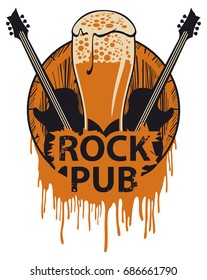 Vector banner for the pub with live music. Illustration with a wooden keg, beer glass, guitars and words rock pub in retro style