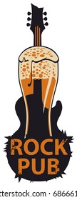Vector banner for the pub with live music. Illustration with a beer glass, guitar and words rock pub in retro style