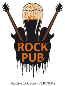 Vector banner for the pub with live music. Illustration with a beer glass, guitar and words rock pub in retro style