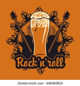 vector banner for the pub with live music.Illustration with a wooden keg, beer glass, guitars and inscription rock and roll in retro style