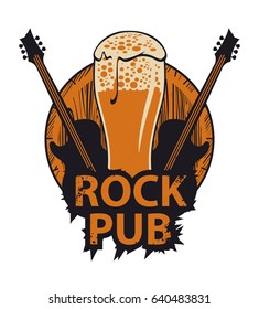 vector banner for the pub with live music.Illustration with a wooden keg, beer glass, guitars and words rock pub in retro style