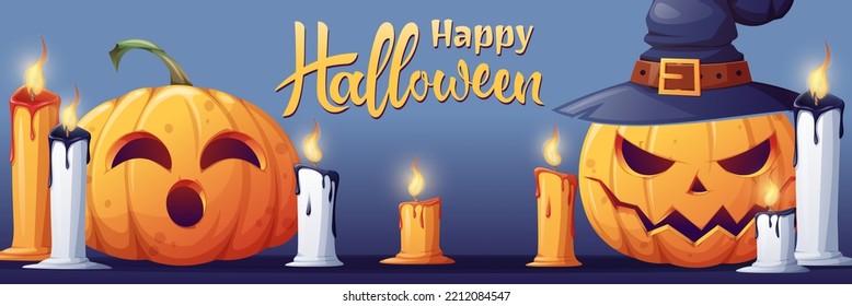 Vector banner with a pumpkin in a hat and Halloween candles. Postcard for the holiday. Happy Halloween, holiday symbol. Poster, postcard, invitation, a4 size banner