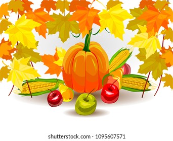 Vector banner Pumpkin on a background of yellow and orange foliage