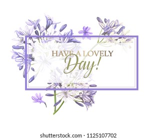 Vector banner with purple agapanthus flowers on white background. Floral design for textile, perfume, cosmetics, 
and other beauty products.  svg