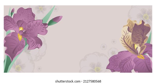 Vector banner with purple iris flowers on the beige background. Vector illustration, wallpaper, greeting cards, floral design for natural products. Soft warm pastel colors