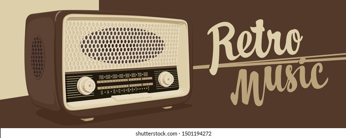 Vector banner for radio station with an old radio receiver and inscription Retro music. Radio broadcasting concept. Suitable for banner, ad, poster, flyer, logo