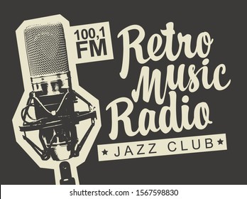 Vector banner for radio station with studio microphone and inscription Retro music radio. Radio broadcasting concept. Suitable for flyer, ad, poster, placard