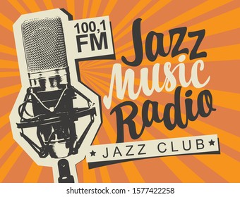 Vector banner for radio station with studio microphone and inscription Jazz music radio on the abstract background with rays. Radio broadcasting concept. Suitable for flyer, ad, poster, placard