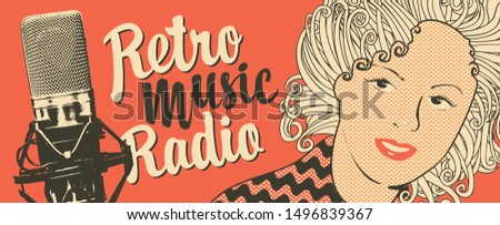 Vector banner for radio station with studio microphone, woman face and inscription Retro music radio. Radio broadcasting concept. Suitable for banner, ad, poster, flyer, logo