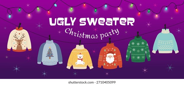 Un Anuncio de Vector que dice "Fiesta de Navidad del suéter feo" con seis suéteres coloridos de la historieta que cuelgan de una guirnalda ligera brillante.