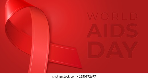 Vector banner with realistic 3d red ribbon and minimalistic typography WORLD AIDS DAY in december. HIV awareness symbol. Template for medical web site, social media, banner, poster, invitation, flyer.