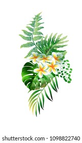Vector banner with realistic detailed tropical leaves and Plumeria flower. Colorful and bright. Design elements for cosmetics products, wellness, spa and floristic shop