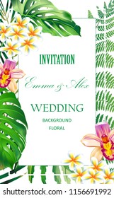 Vector banner with realistic detailed tropical leaves and Plumeria flower.  Design elements for cosmetics products, wellness, spa and floristic shop. Wedding Invitation. Wedding Invitation.