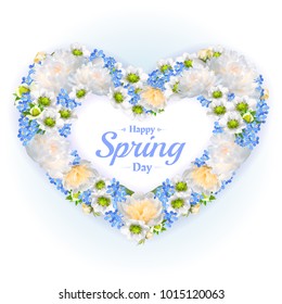 Vector banner with realistic flowers of peony, strawberry and forget-me-not. Love illustration with floral heart designed for wedding invitation, greeting card, cosmetic products and templates