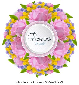 Vector banner with realistic flowers of rose, celandine and viola. Floral round wreath designed for wedding invitation, greeting card, cosmetic products and templates. Spring motive.