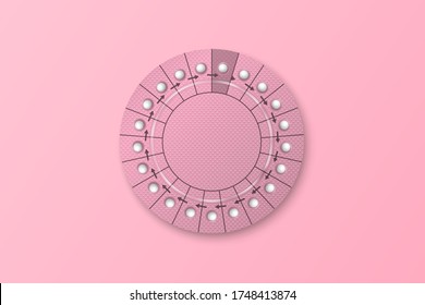 Vector Banner with Realistic Packaging of Birth Control Pills in Blister Closeup Isolated on Pink Background. Contraceptive Pill, Hormonal Pills. Design Template. Planning Pregnancy Concept. Top View