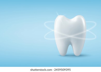 Vector Banner with Realistic Shiny Healthy Clean Tooth Closeup. Dentistry Design for Medical, Toothpaste Advertisement. Healthy Oral Hygiene, Teeth Care