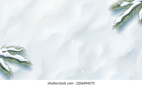Vector banner with realistic snow and fir tree branches. Vector illustration with top view on realistic snow texture and fir tree branches.