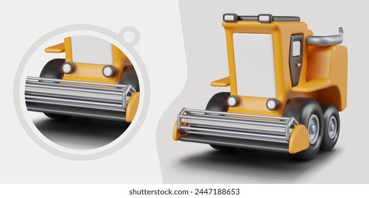 Vector banner with realistic yellow combine harvester. Mockup with general view and closeup