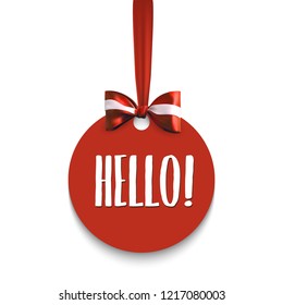 Vector banner with red bow and phrase Hello! Welcome slogan