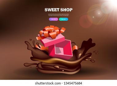 Vector banner red gift box falling into chocolate with splashes